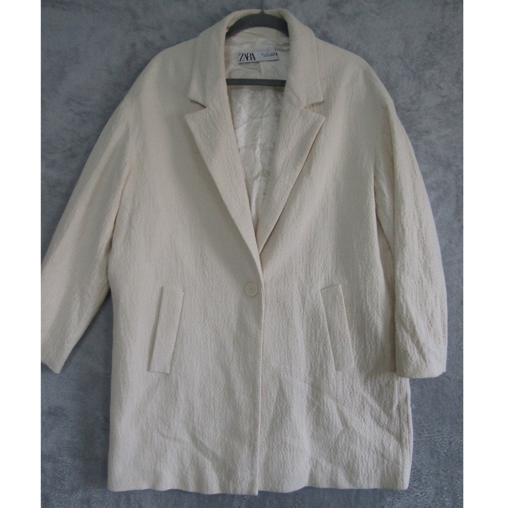 Zara Woman‎ Cream Textured Longline Coat Medium Minimalist Lined Overcoat Jacket